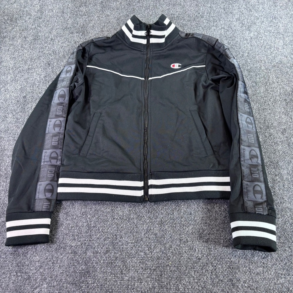 Champion Track Jacket‎ Womens Small Black Logo Tape Striped Trim JL439J Athletic